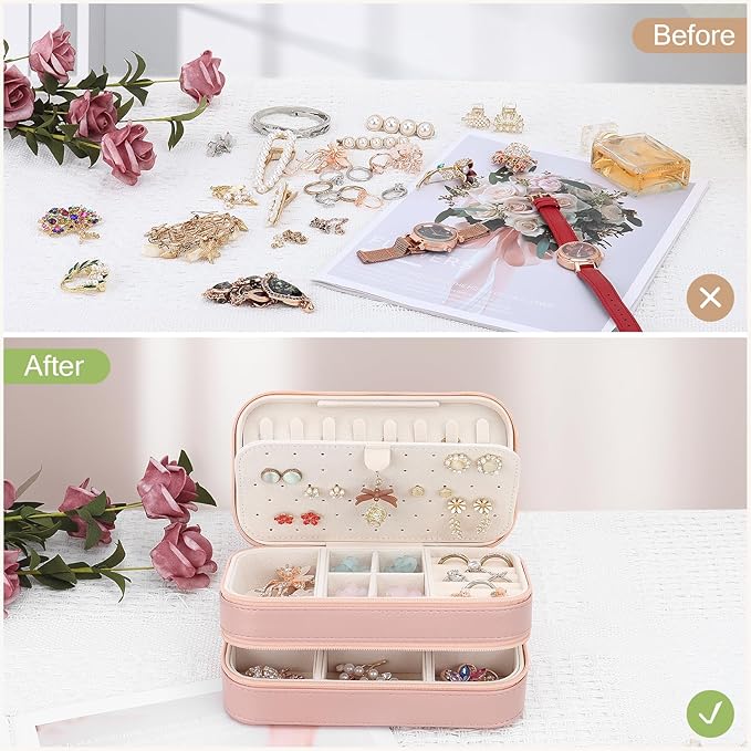 DesignSter Small Travel Jewelry Box with Double Zipper, 2 Layers PU Portable Jewelry Case for Women and Girls,Travel Jewelry Organizer for Rings, Earrings, Necklaces, Bracelets,Pink-CubbioJoy