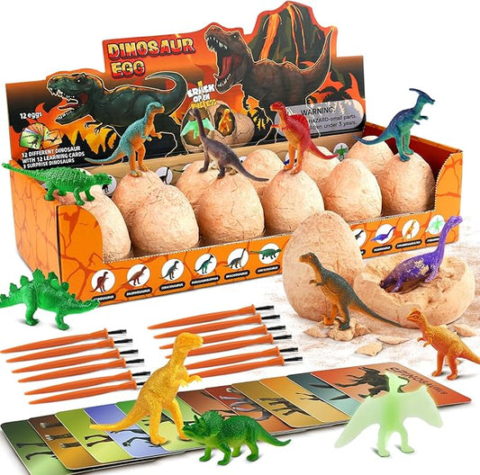 Dino Eggs Excavation Dig Kit-12 Unique Dinosaur Eggs with Educational Learning Cards -Easter Eggs STEM Science Activities - Educational Toy Gift for Kids Boys Girls Age 3+-CubbioJoy