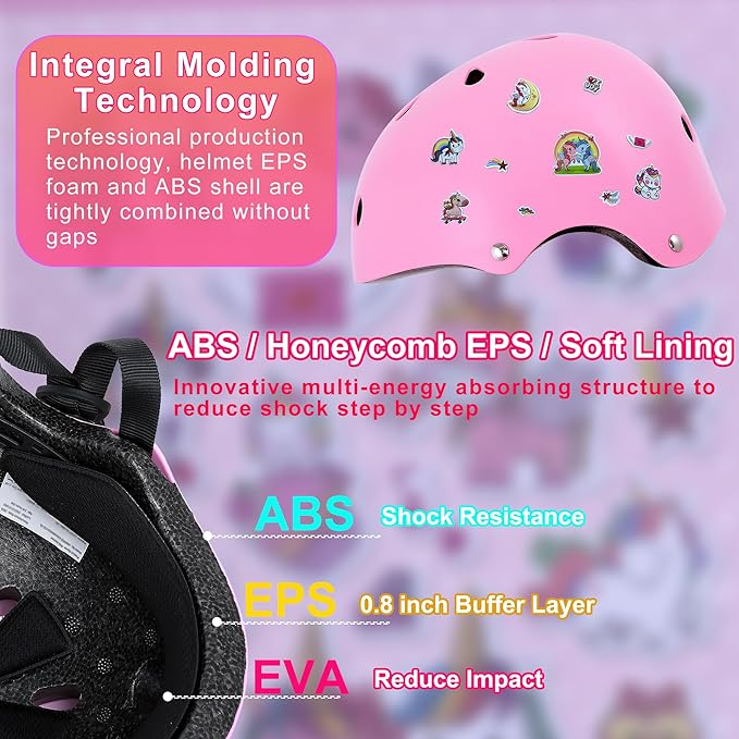 Kids Bike Helmet with DIY Stickers and Knee Pads Elbow Pads Wrist Guard Set for Ages 3-8-14 Toddler Boys Girls Helmet for Roller Skates Cycling Skateboarding Bicycle Scooter-CubbioJoy