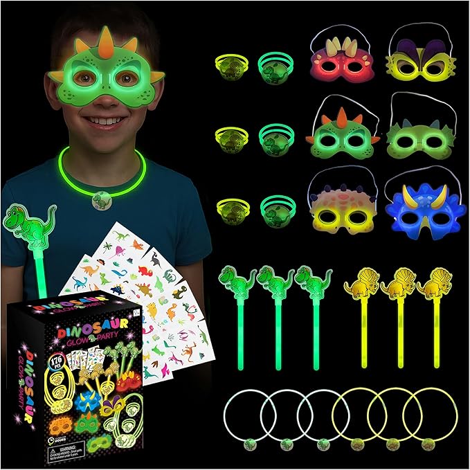 Dinosaur Party Favors Pack – Glow in the Dark Party Supplies | 6 Dinosaur Masks, 6 Bracelets, 6 Necklaces, 6 Wands, 42 Dino Glow Sticks & 80 Stickers | Birthday Classroom Halloween Trick or Treat-CubbioJoy