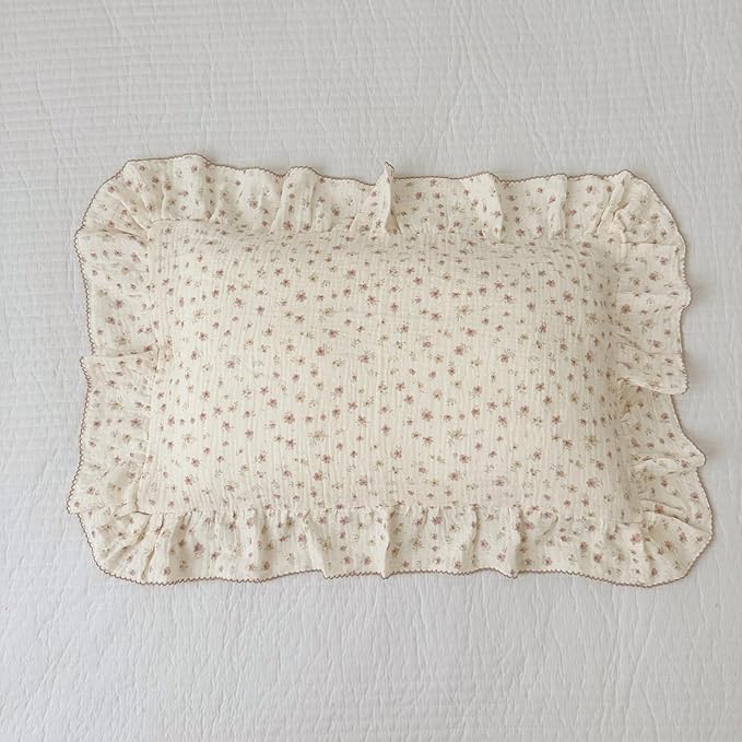 BuLuTu 2-Layer Cotton Muslin Toddler Pillowcases for Girls Boys Floral Pillow Cover Decorative Pillow Cases Gauze Cotton Small Pillow Protector for Crib, Envelope Closure, 14"x20",1 pc-CubbioJoy