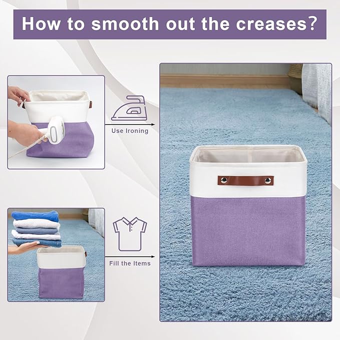 Collapsible Fabric Storage Cubes 11x11 Cube Storage Bins, 4 Pack Closet Baskets Box with Handles for Organizing, Shelf, Toys, Clothes, Home, Office, Nursery (Purple&White)-CubbioJoy