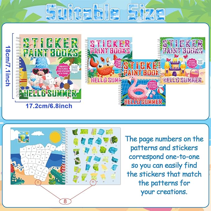 4Pcs Summer Paint by Sticker Books for Kids Ages 4-8 Hello Summer Sticker by Number Books Activity Book for Kids Age 3-5 Puzzle Book Craft Art Toddler Gift with Crab Flamingo Sand Castle 32 Pictures-CubbioJoy