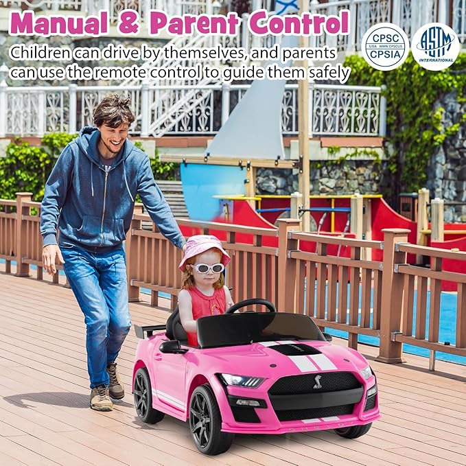 Costzon Ride on Car, 12V Licensed Ford Mustang Shelby GT500 Kids' Electric Vehicles w/Remote Control, USB Port, Radio, Music, Player, High Low Speed & Soft Start, Racing Kids Car for Toddlers (Pink)-CubbioJoy