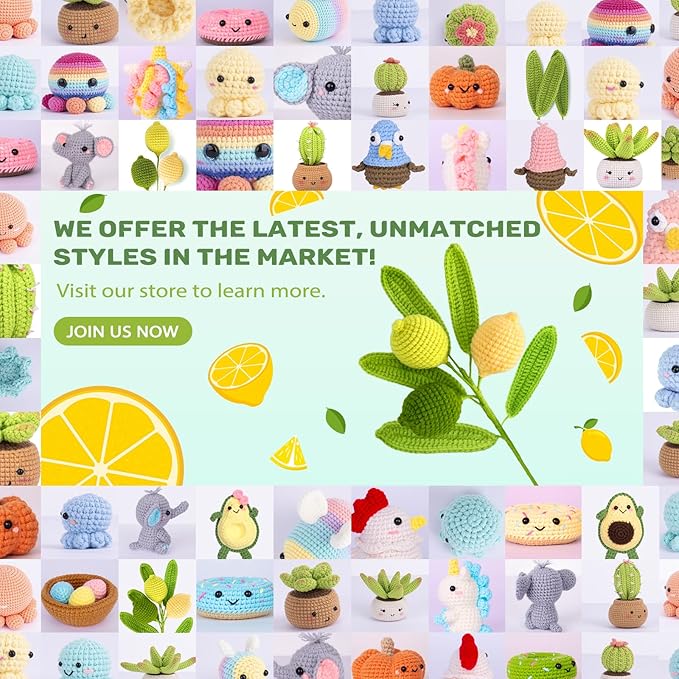 Crochetta Crochet Kit for Beginners, Crochet Kit w Step-by-Step Video Tutorials, Crochet Starter Kit Learn to Crochet Kits for Adults Kids Beginners, 3 Lemons Familly (40%+ Yarn Content)-CubbioJoy