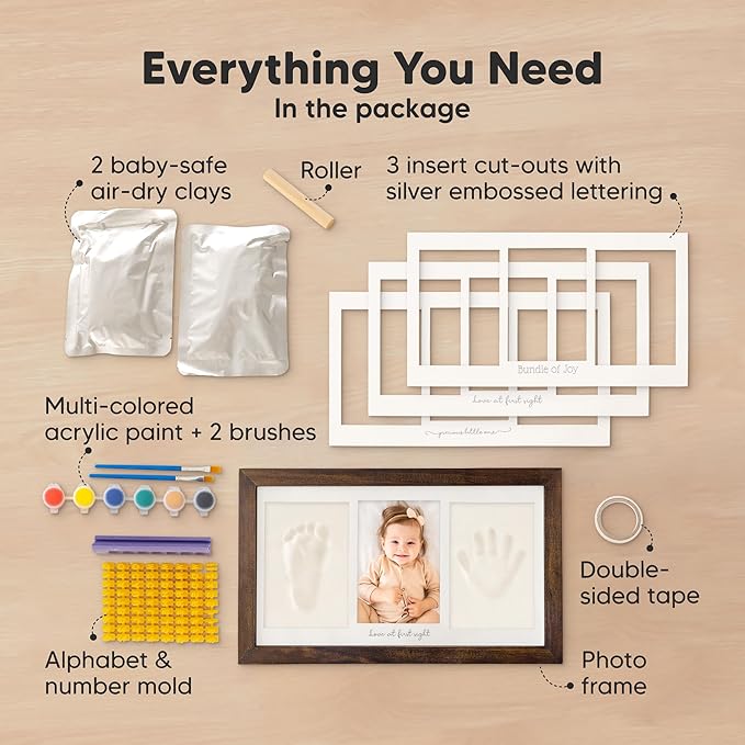 Baby Hand and Footprint Kit - Clay Handprint Keepsake Frame, Newborn Nursery Picture Frame, Personalized New Mom Gifts for Baby Shower & Registry (Dark Walnut)-CubbioJoy