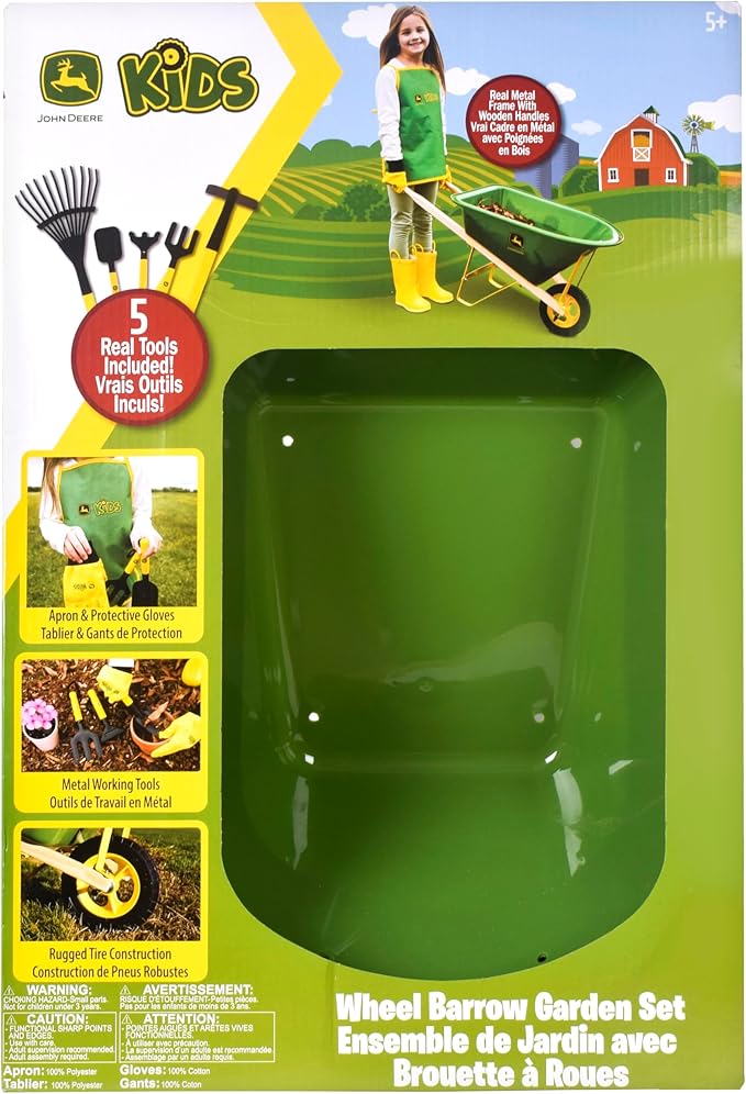 John Deere Deluxe 34" Wheelbarrow and Garden Set Includes 5 Realistic Gardening Tools,Gardening Apron, Gardening Gloves, Large Metal Wheelbarrow with Wooden Handles, Outdoor Toy Ages 5+-CubbioJoy