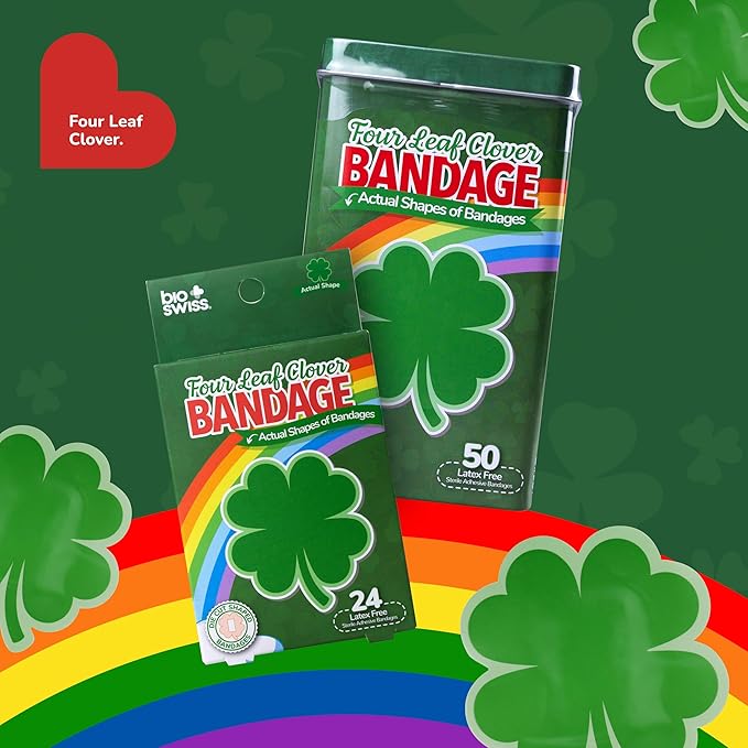 BioSwiss Bandages, 4 Leaf Clover Shaped Self Adhesive Bandage, Latex Free Wound Care, Fun First Aid Kit Supplies for Kids and Adults, 24 Count-CubbioJoy