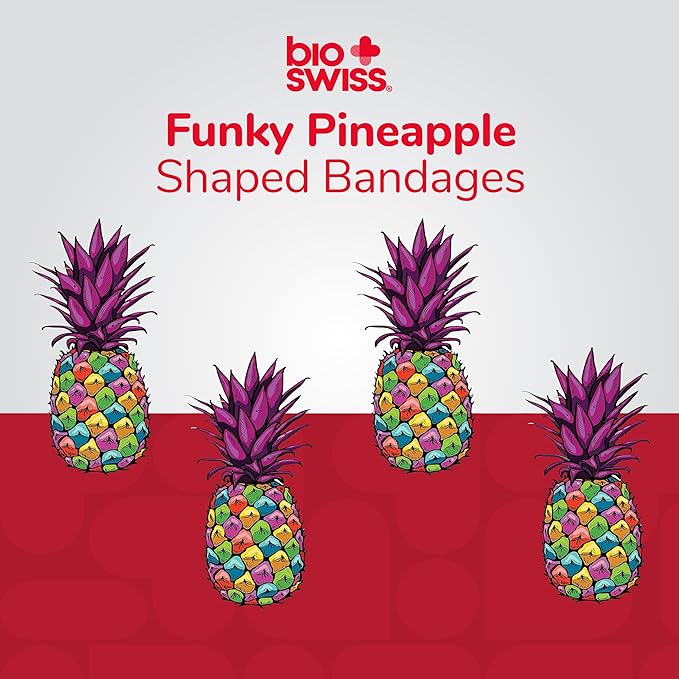 BioSwiss Bandages, Funky Pineapple Shaped Self Adhesive Bandage, Latex Free Sterile Wound Care, Fun First Aid Kit Supplies for Kids, 24 Count-CubbioJoy