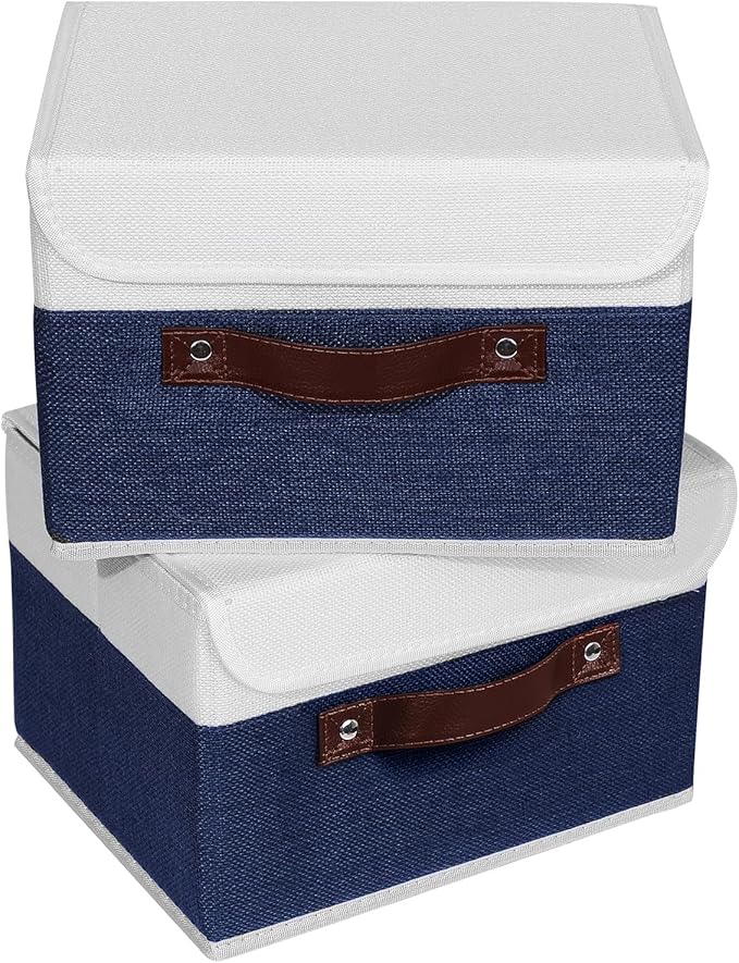ANMINY 2PCS Storage Boxes with Lid Washable Decorative Storage Bin Basket with PU Leather Handle Foldable Linen Fabric Storage Cube Container for Home Closet Organizer - Deep Blue White, Small Size-CubbioJoy