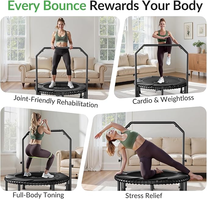 BCAN 40"/48" Mini Rebounder Trampoline for Adults with Bar, 450/550LBS Fitness Trampoline with Bungees, Adjustable Handle, Stable & Quiet, Indoor Outdoor, Whole-Body Workout & Relaxation at Home-CubbioJoy