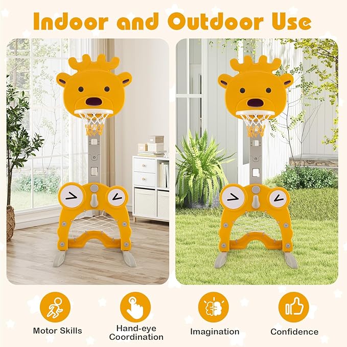 Costzon Toddler Basketball Hoop, 4-in-1 Kids Sports Activity Center with Rim, Soccer Goal, Golf, Ring Toss, Height Adjustable Kids Basketball Hoop with Fillable Base for Indoor Outdoor (Yellow Deer)-CubbioJoy