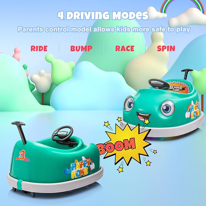12V Dual Battery Electric Ride on Kids Bumper Car w/Remote Control,360 Degree Spin,Push Rod Rocker Horse Function,3-Speeds Babies & Toddlers Bumping Car Ride on Toy Gift for 1-4 Years Children（Green）-CubbioJoy