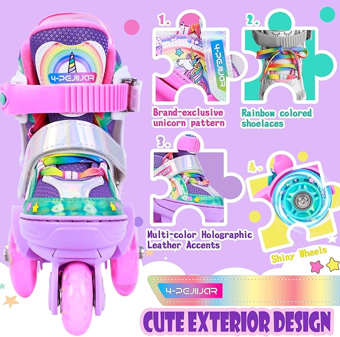 4-Pejiijar Rainbow Unicorn Kids Roller Skates for Girls Toddler Ages 2-4 5-8 8-12,Adjustable Roller Shoes with Luminous Wheels for Birthday Xmas Gifts-CubbioJoy