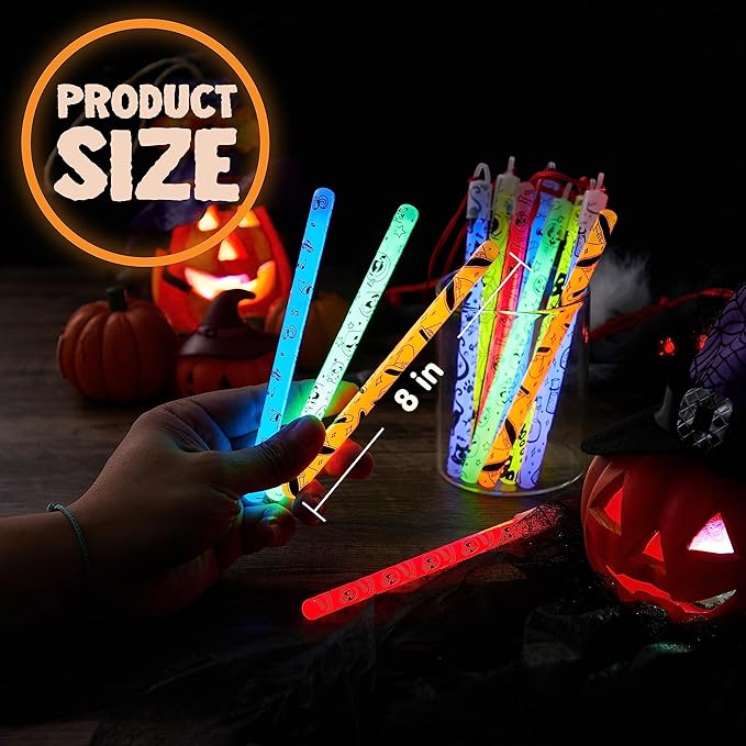JOYIN 24 Pcs Halloween Glow Stick Hanging Wands in 8 Different Pattern Designs and 6 Colors for Kids Party Favors, Halloween Party Supplies, Glow in the Dark, Goodies Bags Fillers, Non Candy Treats-CubbioJoy
