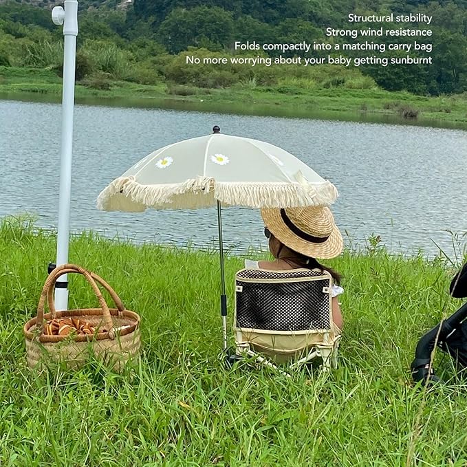 Baby Outdoor Parasols, Baby Stroller Parasol Umbrella with Adjustable Clamp, Toddler Parasol for Trolley Wheelchair Beach Chair, Outdoor Activities (Beige with-CubbioJoy