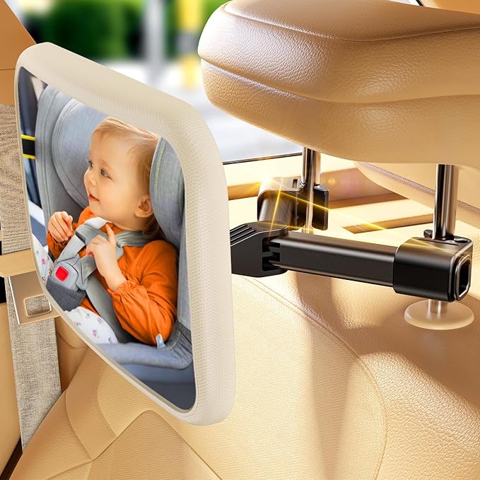 Baby Car Mirror for Baby Hook Clip Design Never Shake Baby Mirror for Car Seat Rear Facing Easy Install Crystal Clear View ShatterProof Crash Tested White-CubbioJoy