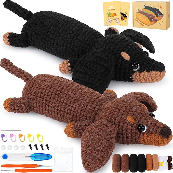 Crochet Kit for Beginners - 2 PCS Dachshund Crochet Kits with Step-by-Step Video Tutorials, Beginner Crochet Kit for Adults, Crochet Animal Kit for Kids, Dog Craft Knitting Kit-CubbioJoy