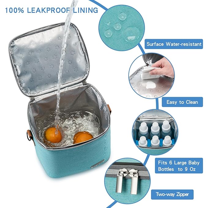 Breastmilk Cooler Bag with Ice Pack Fits 6 Baby Bottles Up to 9 Ounce, Baby Bottle Bag with Shoulder Strap for Nursing Mom Daycare, Aqua-CubbioJoy