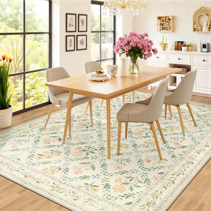 8x10 Area Rugs for Living Room: Floral Washable Rug Vintage Large Soft Boho Non-Slip Carpet Indoor Floor Stain Resistant Carpets for Bedroom Dining Room Farmhouse Nursery Home Office Beige/Multi-CubbioJoy