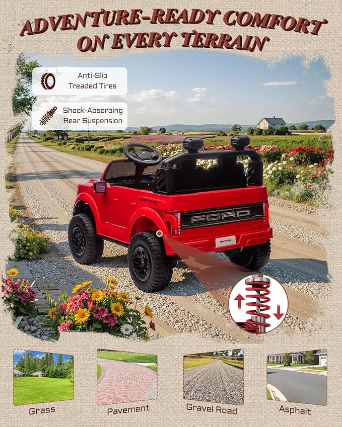 24V 2 Seater Ride on Toys for Kids, Licensed Ford F-150 Raptor Kids Electric Vehicles w/Remote Control, Power Pedal and Durable Wheels, LED Lights, Bluetooth, Truck Bed Storage (Red)-CubbioJoy