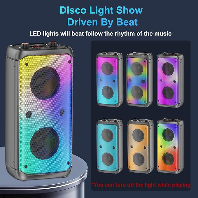 Bluetooth Speaker, 80W Peak Wireless TWS Portable Outdoor Party Speakers with Subwoofer, Deep Bass, LED Colorful Lights, Loud Stereo Sound Boombox with Radio for Home, Camping, Travel-CubbioJoy