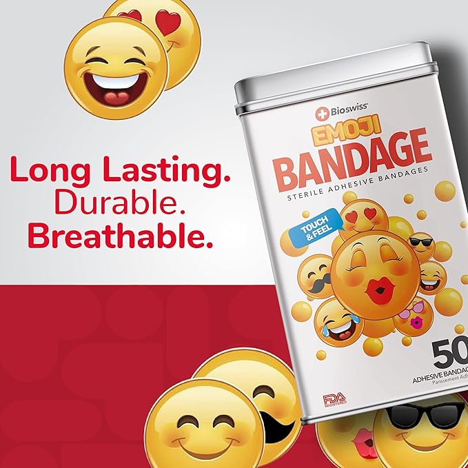 BioSwiss Bandages, Emoji Shaped Self Adhesive Bandage, Latex Free Sterile Wound Care, Fun First Aid Kit Supplies for Kids, 50 Count-CubbioJoy