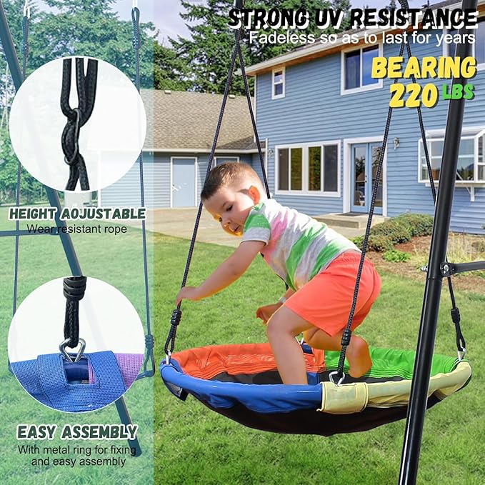 4-in-1 Heavy Duty Swing Set for Backyard – Large Metal Frame with Saucer Swing, Sandbox, Basketball Hoop & Single Swing Seat | Toddler to Kids Play Equipment | Outdoor & Indoor Use | Kids Gift-CubbioJoy