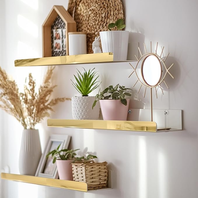 2 Pack 24 Inch Gold Reflective Acrylic Shelves, Gold Foating Shelves, Modern Sunglasses Essential Oil Picture Ledge Display Toy Storage Shelf-CubbioJoy