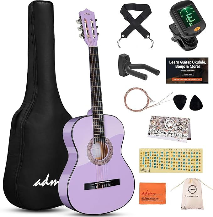 ADM Beginner Acoustic Classical Guitar 38 Inch Nylon Strings Wooden Guitar Bundle Kit for Kid Boy Girl Student Youth Guitarra Online Lessons with Gig Bag, Strap, Tuner, Strings, Purple-CubbioJoy