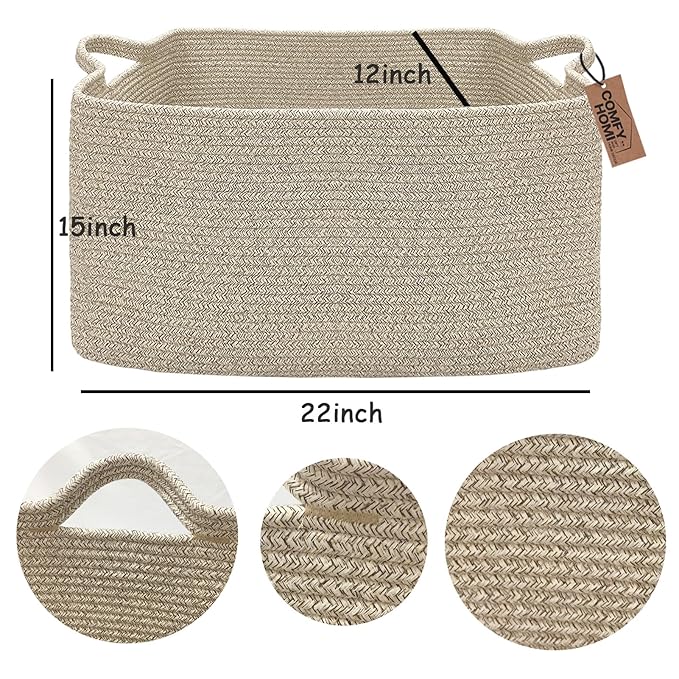 COMFY-HOMI Large Rectangular Blanket Basket, Woven Cotton Rope Baskets for Storage, Laundry Hamper Basket, Storage Bin,Toy Organizing Bin with Handle, Organization and Storage-22x15x12”-Brown-CubbioJoy