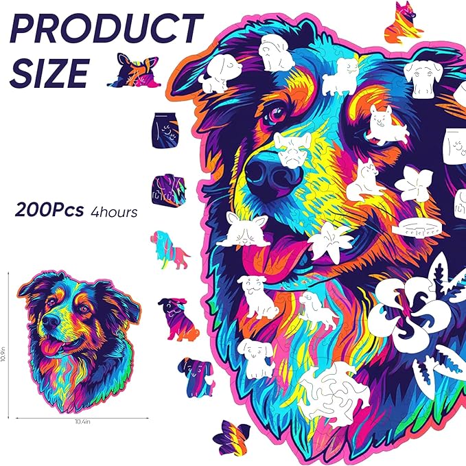 Australian Shepherd Dogs Wooden Puzzle Stained Colorful (9.7 * 11.2in-200pcs) Art Painting Wooden Puzzle for Kids Adults, Birthday Mother's Father's Day Christmas for Dad Mom Son Daughter-CubbioJoy