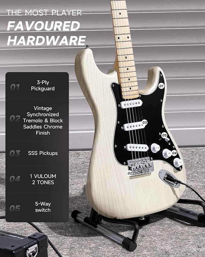 DONNER DST-80 Electric Guitar 39” Beginner Electric Guitar Kit with Amp, Classic SSS Pickup Complete with Gig Bag, Tuner, Capo, Strap, Picks, and Free Online Lessons, Bone White-CubbioJoy