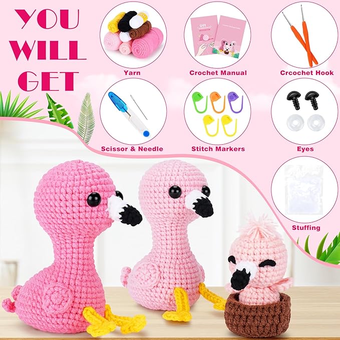 Crochet Kit for Beginners -Flamingo Family Crochet Kits with Step-by-Step Video Tutorials, Beginner Crochet Kit for Adults, Crochet Animal Kit for Kids, 3PCS Flamingo Crocheting Set(Pink)-CubbioJoy