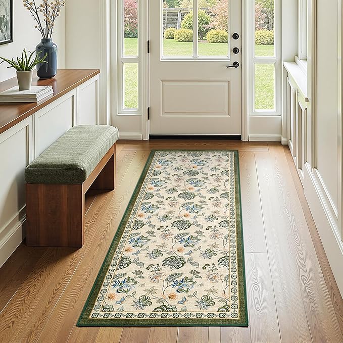 jinchan 2x5 Floral Runner Rug for Hallway Washable Kitchen Runner Vintage Romance Design Non Slip Thin Indoor Floor Cover Low-Profile Throw Carpet for Entryway Bathroom Bedroom Porch, Green/Beige-CubbioJoy