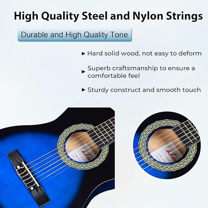 ADM Beginner Acoustic Classical Guitar Nylon Strings Wooden Guitar Bundle Kit for Kid Boy Girl Student Youth Guitarra Online Lessons with Gig Bag, Strap, Tuner, Strings, Picks (34 Inch, Blueburst)-CubbioJoy