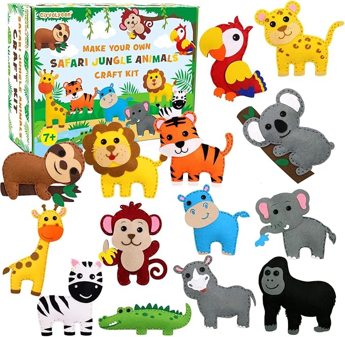 CiyvoLyeen Safari Jungle Animals Sewing Craft Kit DIY Kids Craft and Sew Set for 7 8 9 10 11 12Girls and Boys Educational Beginners Sewing Stuffed Animal Felt Plush Ornaments Set of 14-CubbioJoy