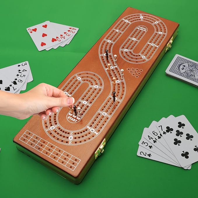 Cribbage Board Game Set 3 Tracks, Plusvivo Solid Oak Wood Cribbage Boards Unique with 9 Metal Pegs & 2 Storage Area, 15.5 X 4.9 X 1.2 in Travel Portable Cribbage Game Sets for Family-CubbioJoy