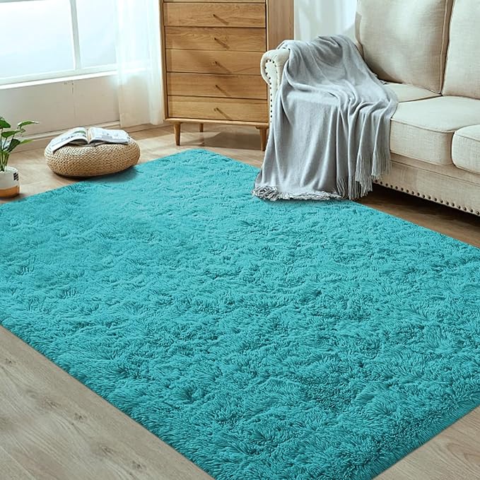 4x6 Area Rug for Living Room: Fluffy Shag Soft Washable Rugs Fuzzy Plush Indoor Carpet for Bedroom Nursery Playroom Dorm Kids Girls Boys Room (Teal Blue, 4'x6')-CubbioJoy