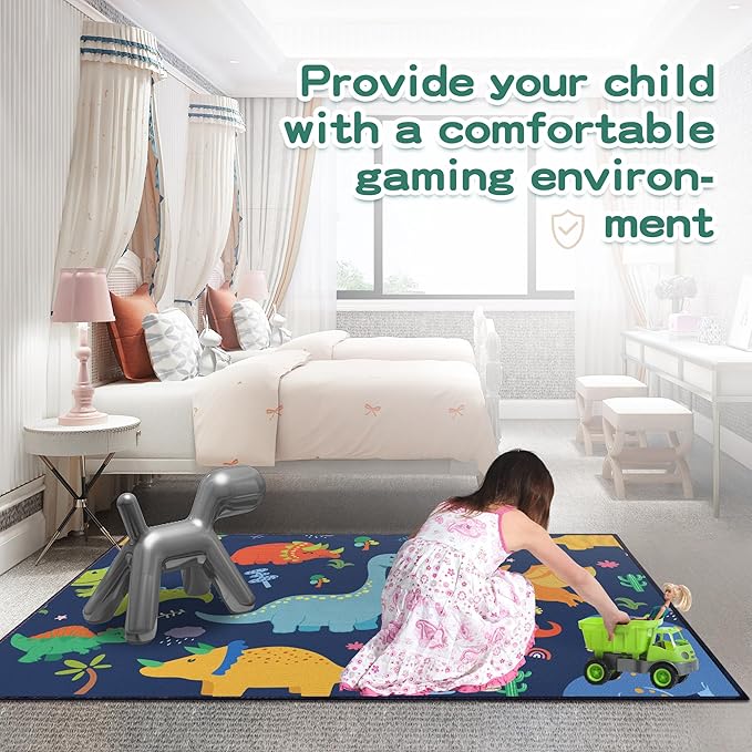 Cute Cartoon Dinosaur Rug for Boys Bedroom 59"x39" Bedroom Playroom Decor for Kids Lovely Dinosaur Animal Pattern Carpet Blue Rug Non-Slip Washable-CubbioJoy