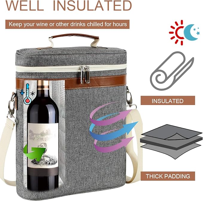 3 Bottle Insulated Wine Tote Carrier Bag, Portable Travel Padded Wine Cooler - Corkscrew Opener, Handle and Adjustable Shoulder Strap, Wine Lover Travel Picnic Party Wedding Wine Tote Grey-CubbioJoy