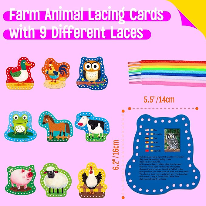 9 PCS Kids Lacing Cards, 9 Double Sided Farm Animals Sewing Cards with 9 Colorful Laces, Educational & Learning Toys for Preschoolers, Kids Ages 3+-CubbioJoy