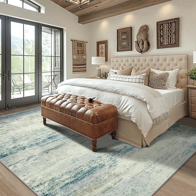 Area Rug 9x12 Washable Rugs: Abstract Large Living Room Rugs with Non-Slip Backing, Thin Carpet for Dining Room Table Bedroom Nursery Indoor Home Office-Blue/Gray-CubbioJoy