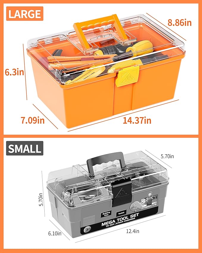 Deejoy 54Pcs Large Kids Tool Set with Electric Saw & Electronic Toy Drill, Pretend Play Kids Construction Set for Toddler 3-5 Years Old, Toddler Boy Toys-Orange-CubbioJoy