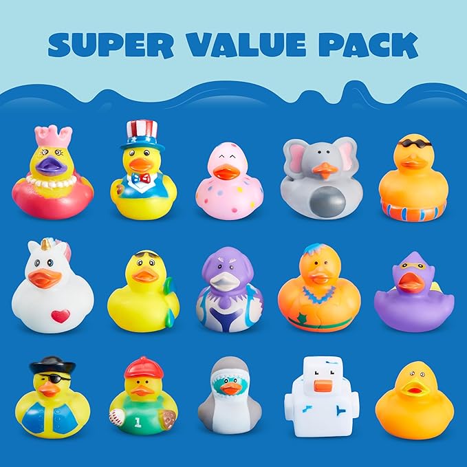 JOYIN 15 Pcs Rubber Ducks, Random Assortment Ducks Bulk with Mesh Carry Bag, Mini Rubber Duckies for Baby Bath Toys, Kids Toddler Summer Pool Toys Birthday Gifts Party Favors-CubbioJoy