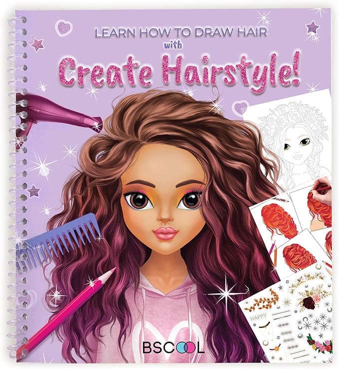 BSCOOL - Drawing, Coloring & Activity Book. Create Hairstyles with Stickers and Guides. Fashion Design Sketchbook for Kids 5 and up. Little Designer Creativity Book - Fashion Design for Kids-CubbioJoy