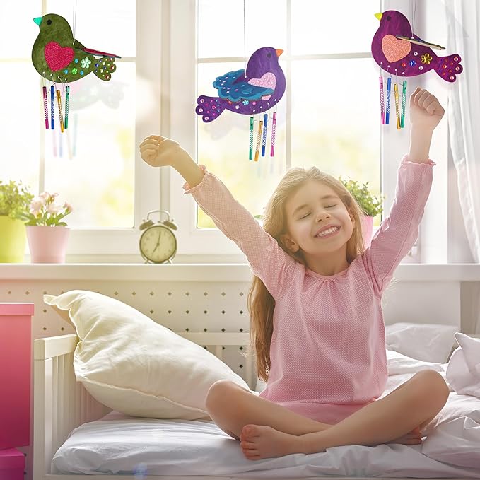 ArtCreativity DIY Wind Chime Kit for Kids - 8 Pack - Wooden Wind Chime Set with Paint Kit, Rhinestone Flower Stickers, Glitter Heart Foam Stickers, and More - Summer Arts and Crafts for Kids 3 and Up-CubbioJoy