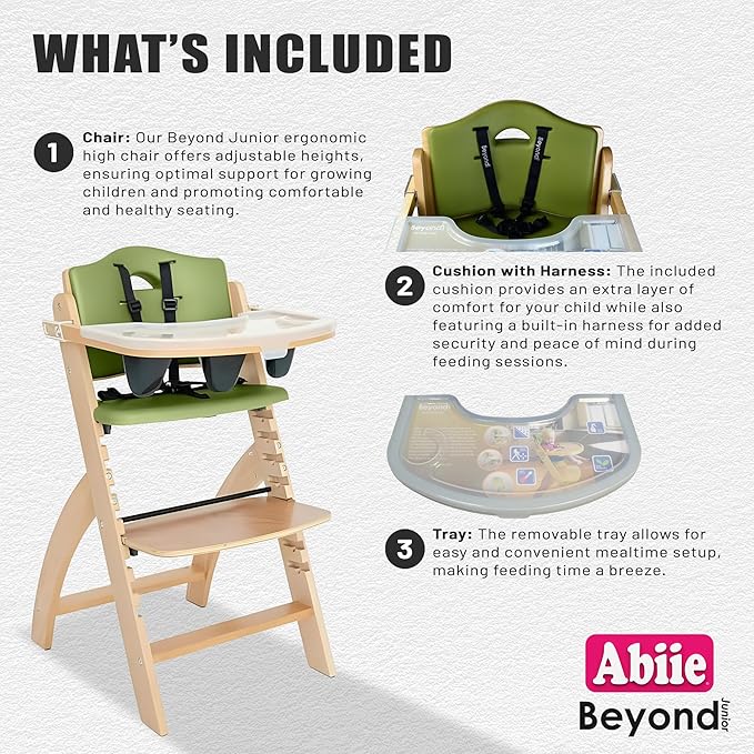 Abiie Beyond Junior Wooden High Chair with Tray - Adjustable and Convertible High Chair for Babies and Toddlers - 6 Months to 250 Lb - Water Resistant - Natural Wood/Olive Cushion-CubbioJoy
