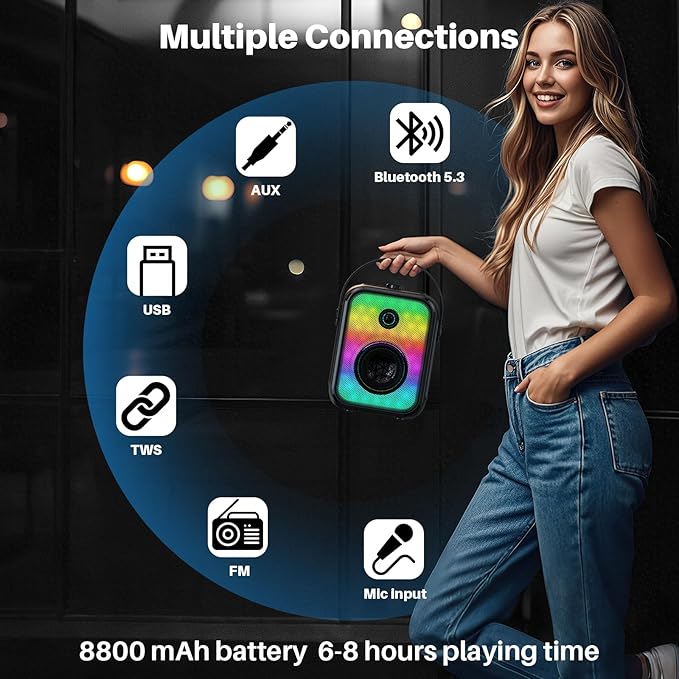 Karaoke Machine, Portable Bluetooth Speaker with 2 Wireless Karaoke Microphones, Karaoke Machine for Adults Kids with Subwoofer, LED Light Support TWS/FM/USB/AUX for Home Party Outdoor-CubbioJoy