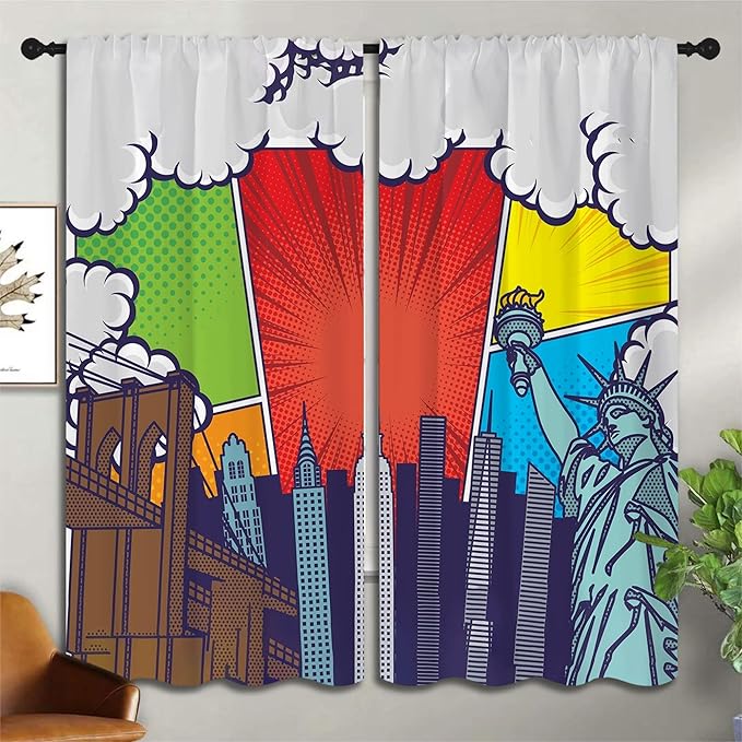City Rod Pocket Blackout Curtains for Boy Girl Bedroom, Pop Art Style New York Cityscape Thermal Insulated Home Window Drapes for Living Room Darkening, 72x63 inch-CubbioJoy